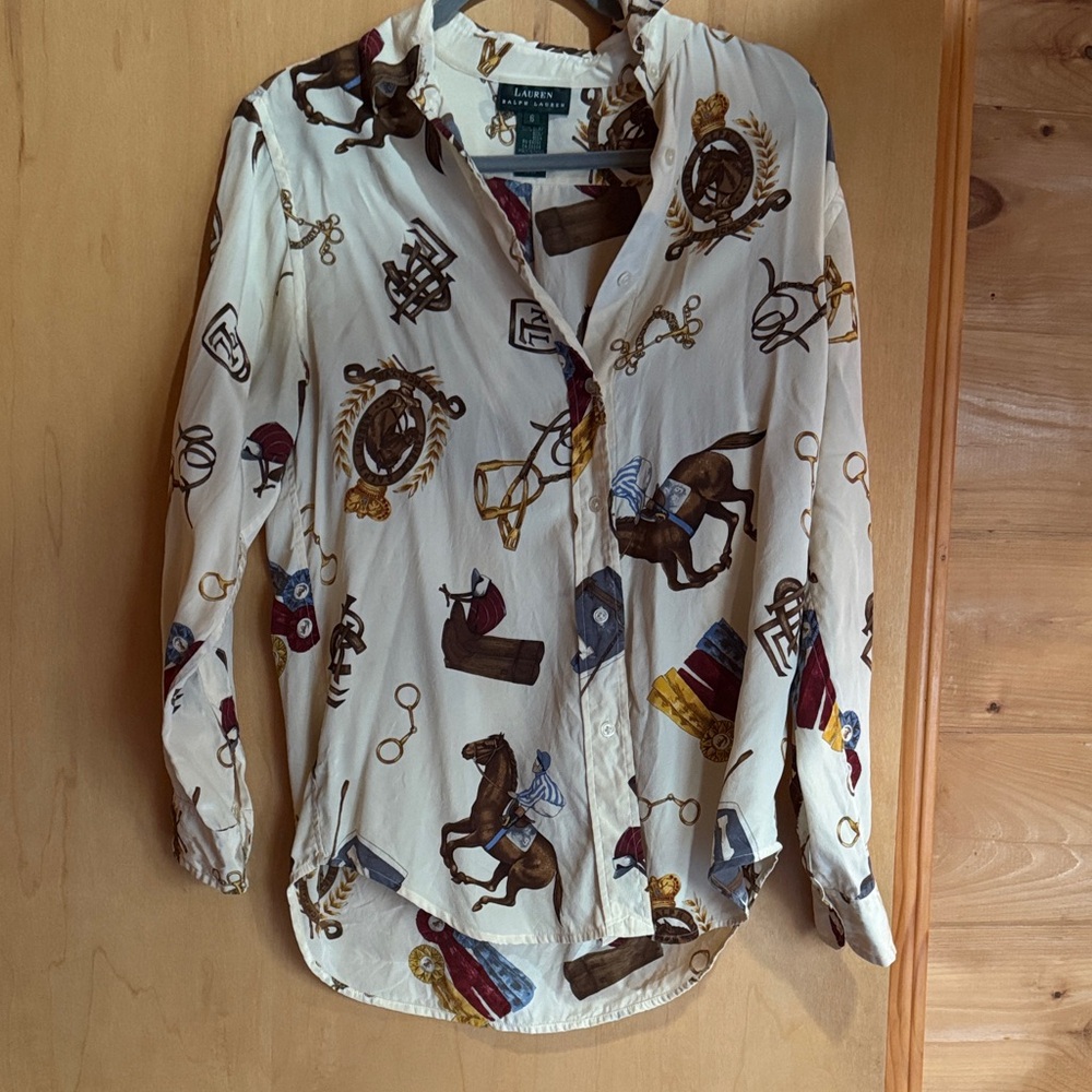 100% silk vintage Ralph Lauren Cream Equestrian Print Blouse